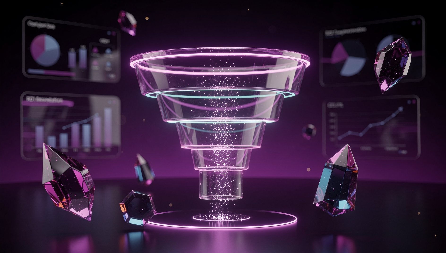 Lila 3D-Cost-per-Lead-Dashboard mit violettem Conversion-Trichter und ROI-Kristallen