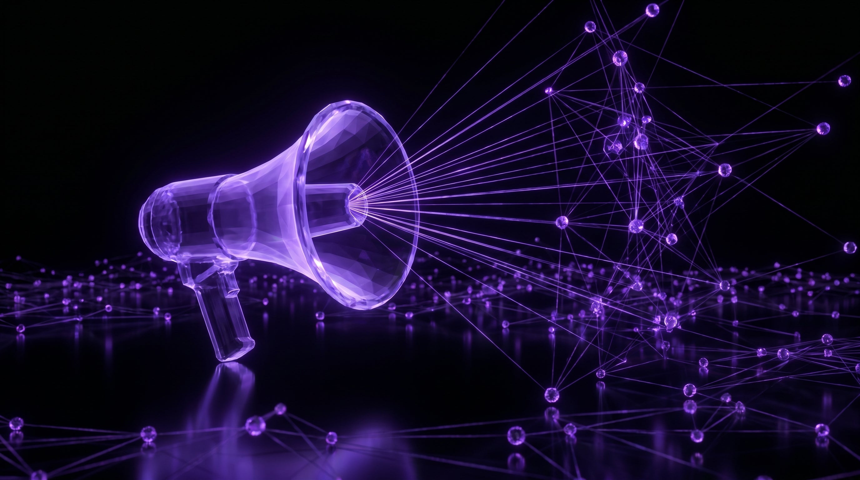 Lila 3D-Macro-Influencer-Reichweite-Visualisierung auf schwarzem Hintergrund