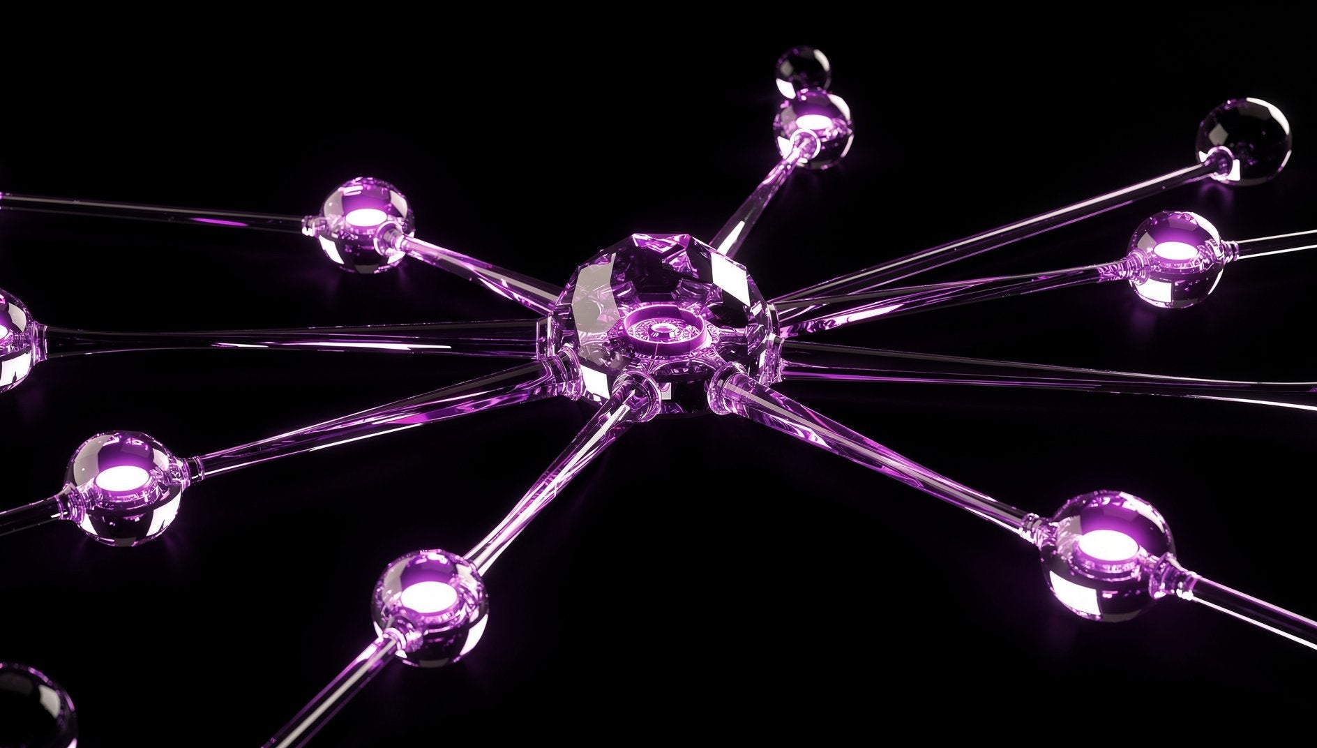 Kristallines lila 3D-Netzwerk mit zentralem Hub und verbundenen Knoten