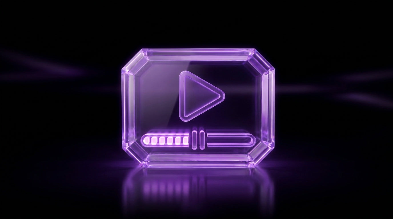 Lila 3D-Video mit Mid-Roll-Werbepause auf schwarzem Hintergrund