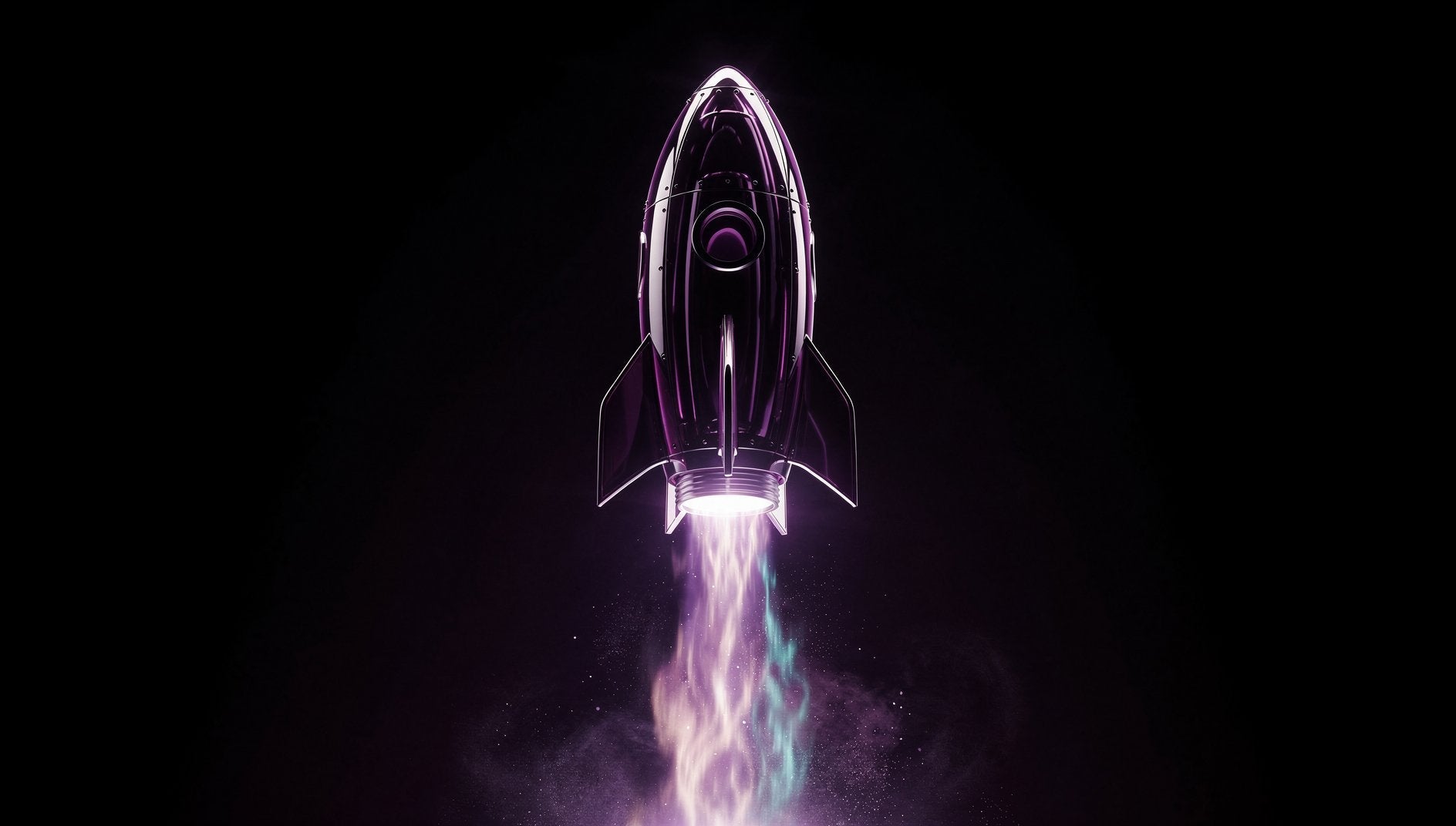 Lila 3D-Rakete startet mit Neon-Glow als Performance-Symbol