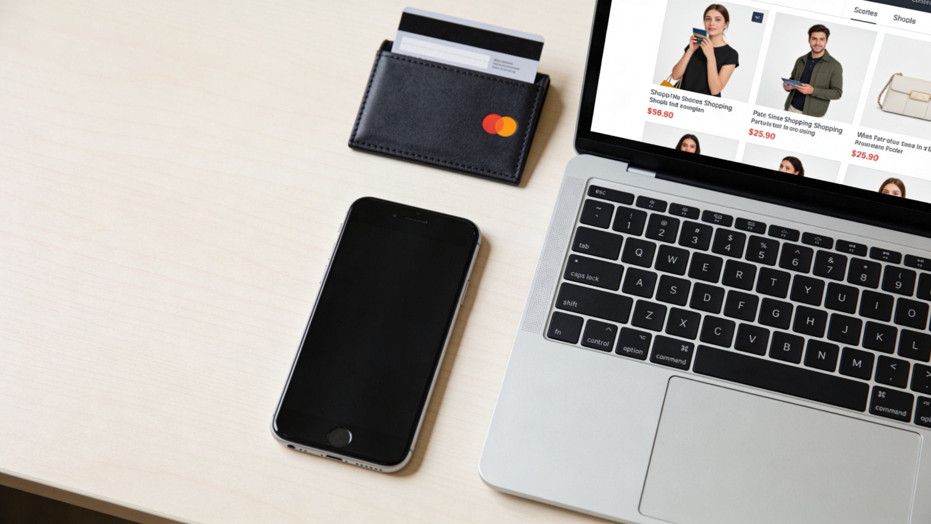 Smartphone neben Laptop mit Shopping-Website, Kreditkartenhalter daneben, aufgeräumter Heimarbeitsplatz