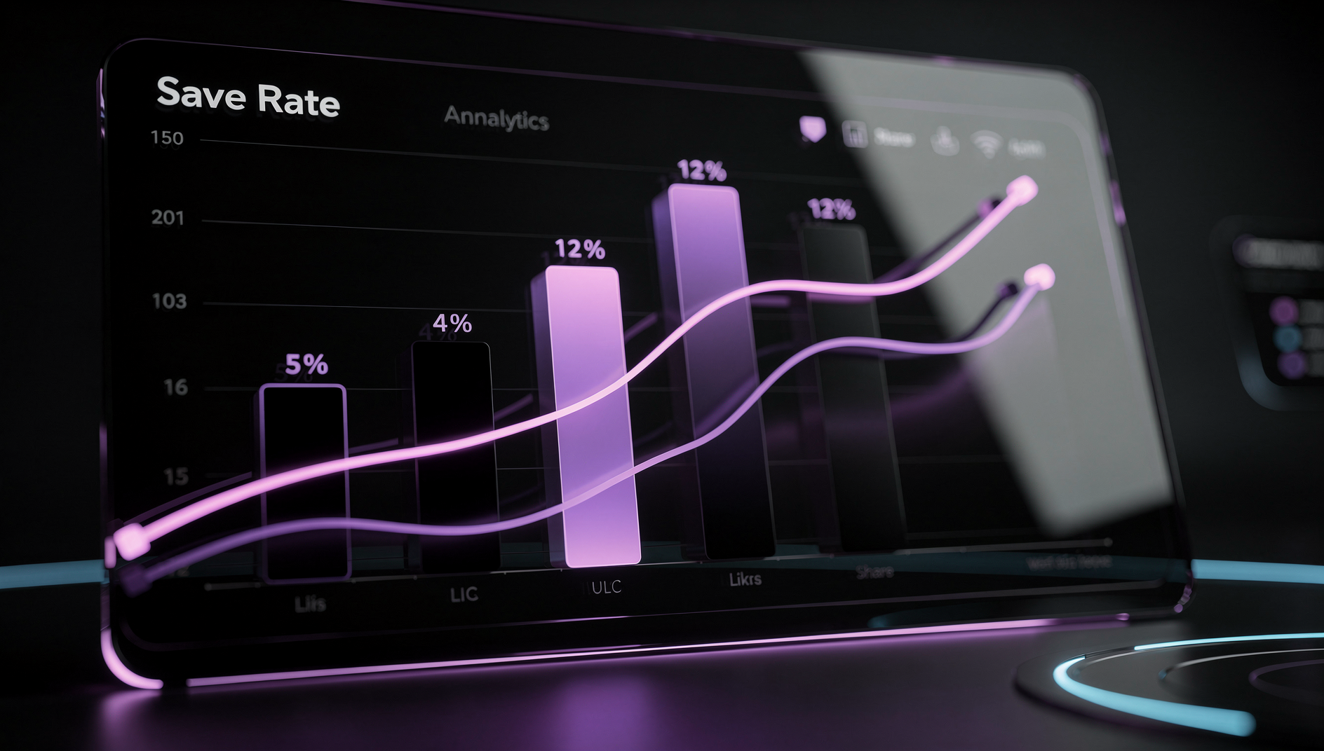 Lila 3D-Analytics-Dashboard zeigt Save Rate im Vergleich zu anderen Engagement-Metriken